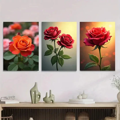3pcs Vibrant Rose Flower Green Picture Wall Art Set Canvas Unframed - High Quality Print 100% Australian Made Wall Canvas