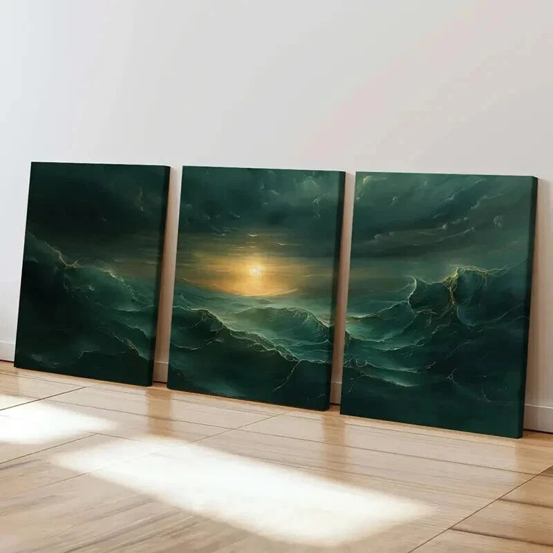 3pcs Mystical Golden Waves & Dark Clouds Wall Art Set Canvas Framed 60x90cm - High Quality Print 100% Australian Made Wall Canvas Ready to Hang - Bella Home Decor