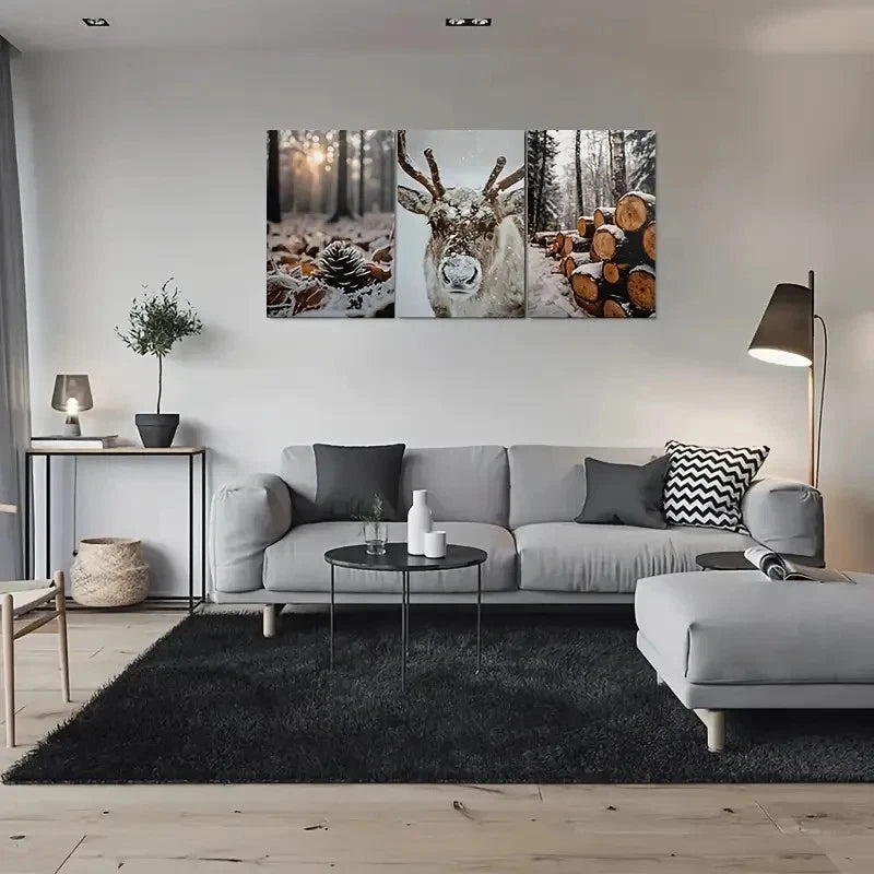 3pcs Snowy Forest Deer & Log Pile Metal Print Ready to Hang Art