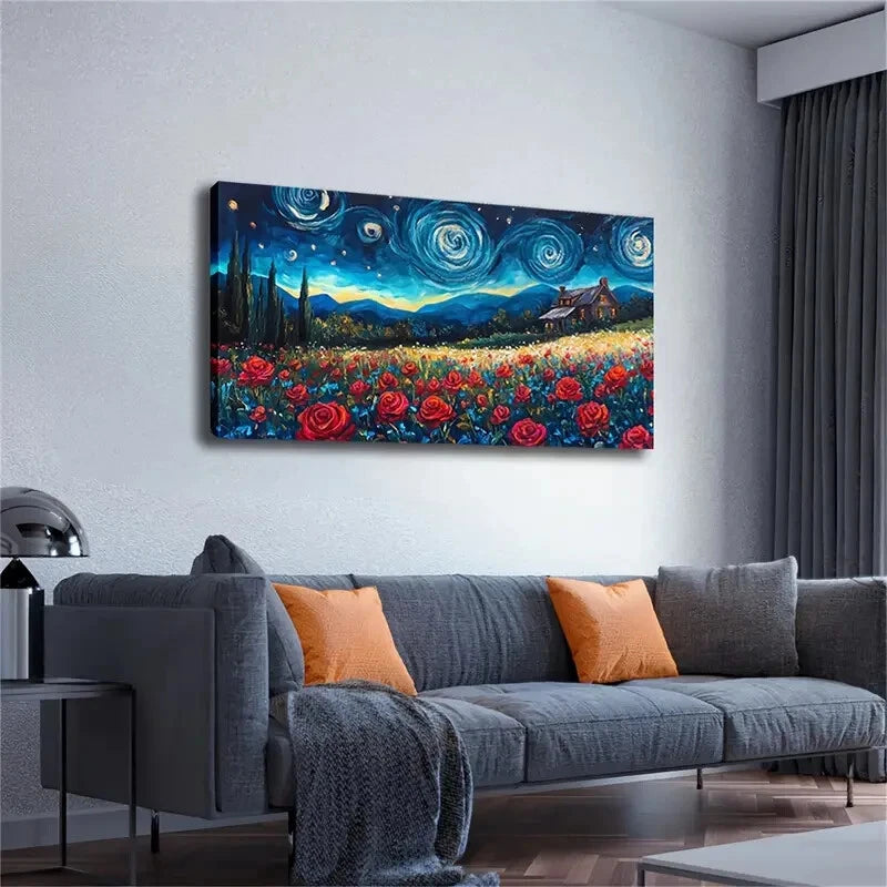 Vibrant Red Rose Field Starry Wall Art Canvas Office Home Room Framed 120x60cm - Bella Home Decor