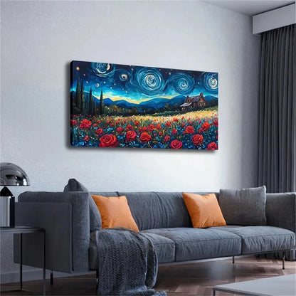 Vibrant Red Rose Field Starry Wall Art Canvas Office Home Room Framed 120x60cm - Bella Home Decor