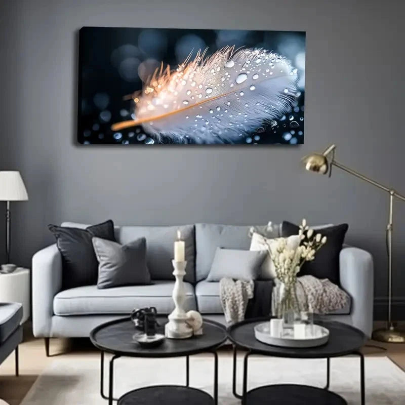 Close-Up Feather With Sparkling Wall Art Canvas Office Home Room Framed 120x60cm