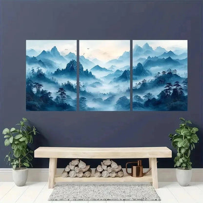 3pcs Chinese Style Blue Mountain Landscape Wall Art Set Canvas Framed 50x70cm - High Quality Print 100% Australian Made Wall Canvas Ready to Hang - Bella Home Decor