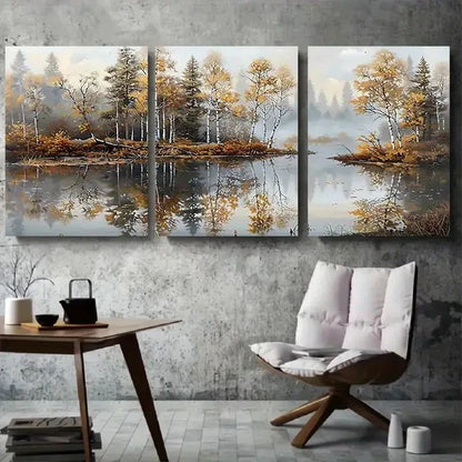 3pcs Autumn Reflections Serene Lake & Trees Metal Print Ready to Hang Art - Bella Home Decor