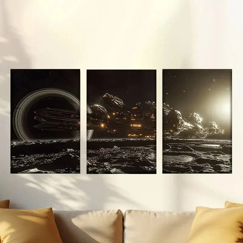 3pcs Starship Illustrations with Planets Nebulae Wall Art Set Canvas Framed 60x90cm - High Quality Print 100% Australian Made Wall Canvas Ready to Hang