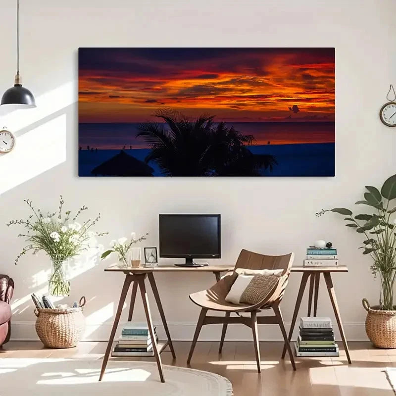 Sunset Palm Trees Ocean View Wall Art Canvas Office Home Room Framed 120x60cm