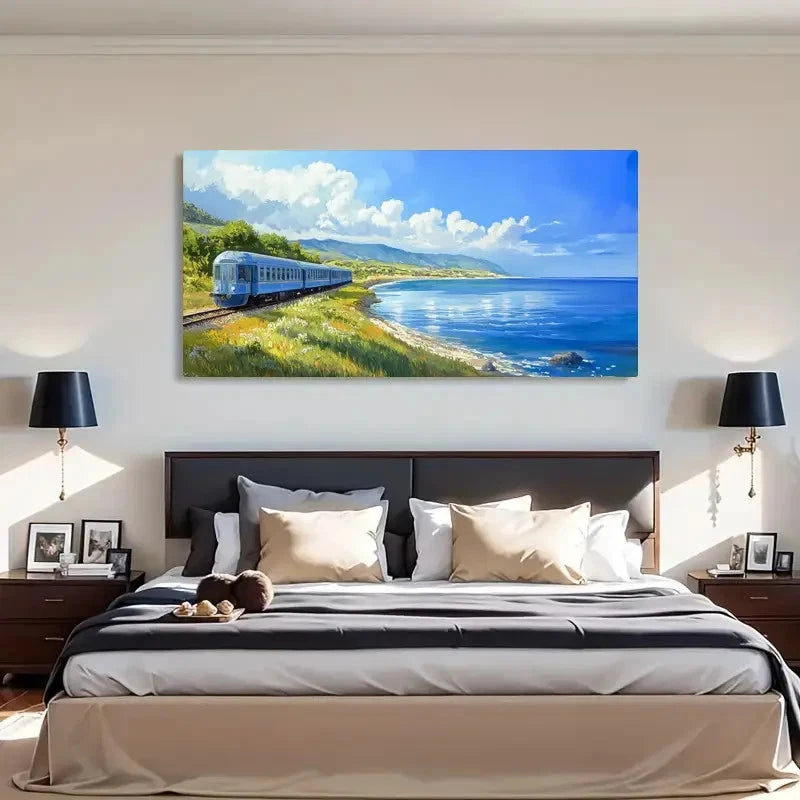 Serene Train Journey Scenery Wall Art Canvas Office Home Room Framed 120x60cm
