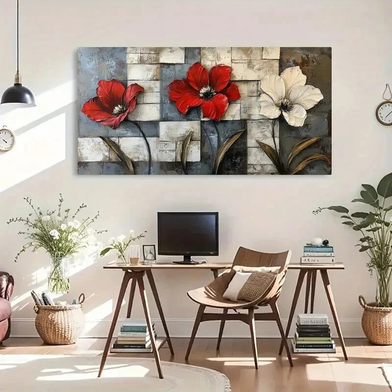 White Flowers Modern Floral Wall Art Canvas Office Home Room Framed 120x60cm - Bella Home Decor