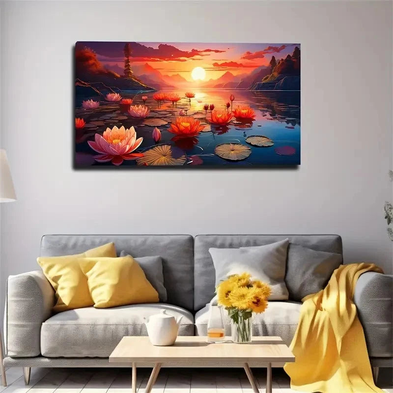 Lotus Lake Vibrant Décor Lake Wall Art Canvas Office Home Room Framed 120x60cm