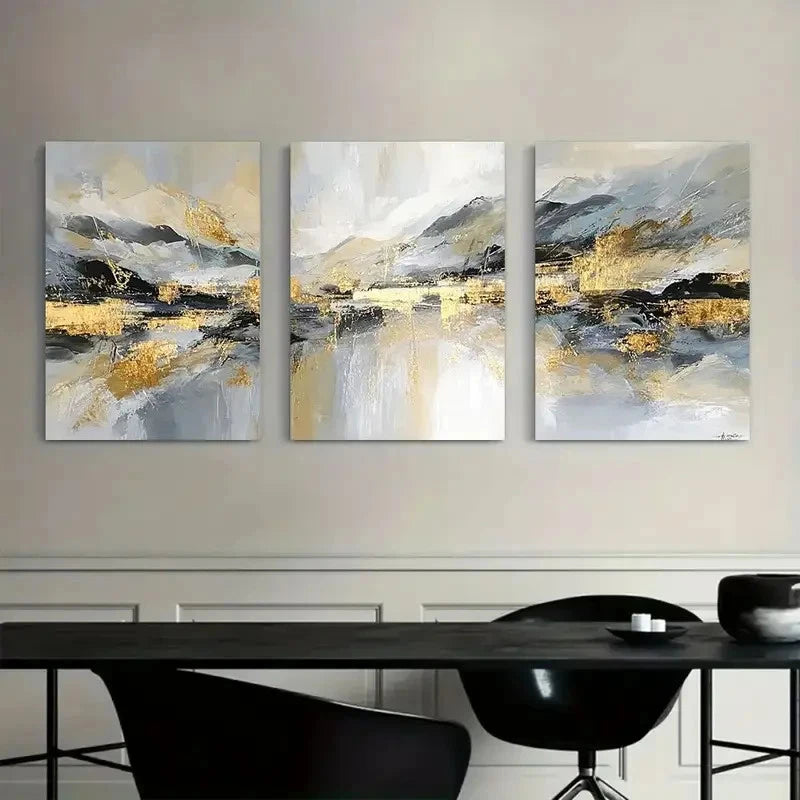 3pcs Golden And Silvery Accent Abstract Metal Print Ready to Hang Art - Bella Home Decor