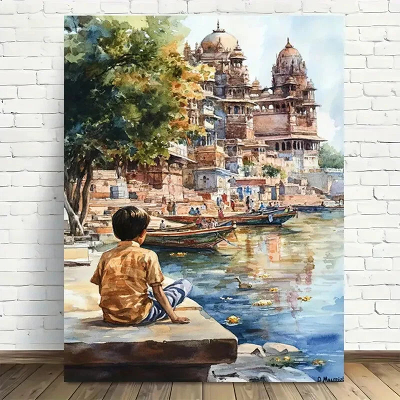 Beautiful Indian Temple Reflections Painting 40x60cm Metal Print Ready to Hang - Bella Home Decor