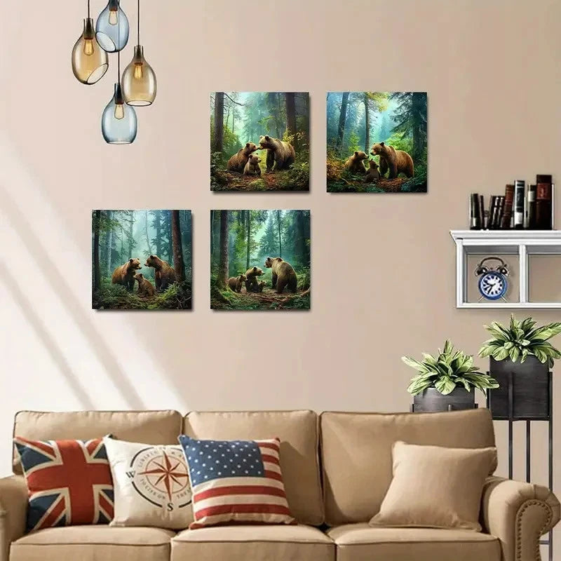 4pcs Brown Bear FamilyWall Art Canvas Framed