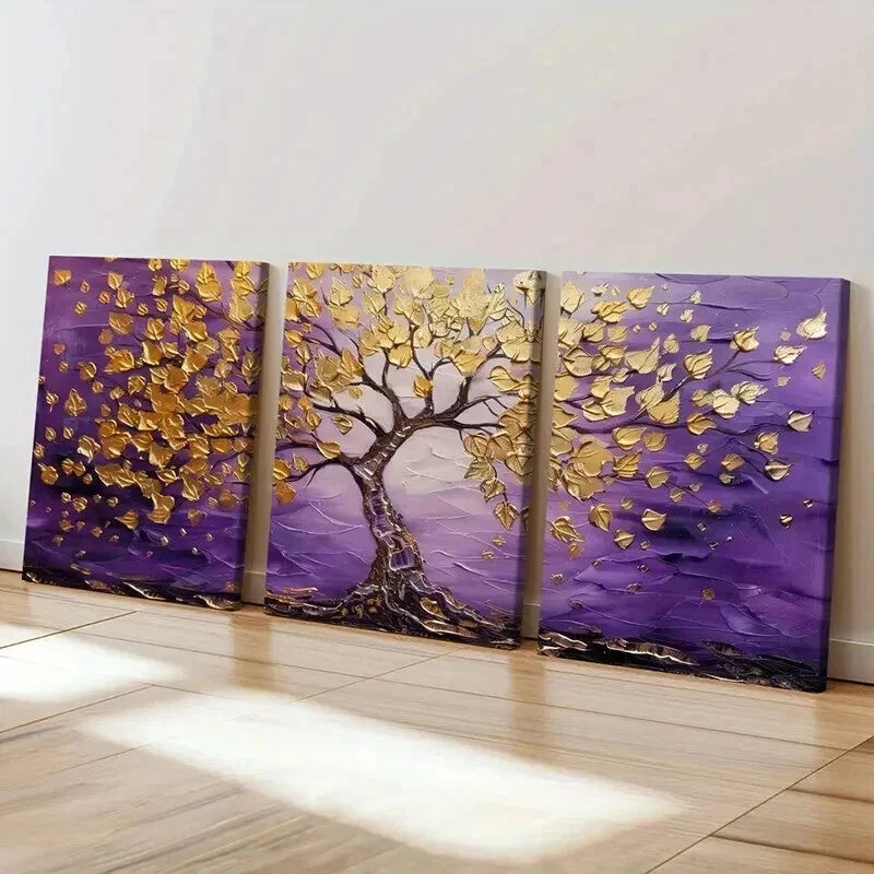 3pcs Abstract Golden Tree Purple Sky Wall Art Set Canvas Framed 40x60cm - High Quality Print 100% Australian Made Wall Canvas Ready to Hang - Bella Home Decor