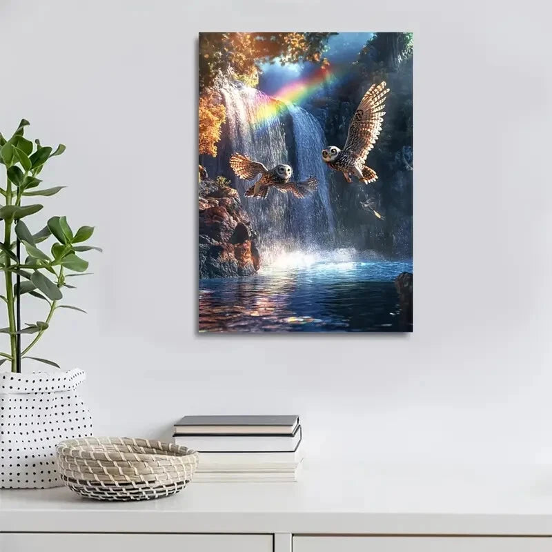 Owl Chase by Waterfall with Rainbow Painting 40x60cm Metal Print Ready to Hang - Bella Home Decor