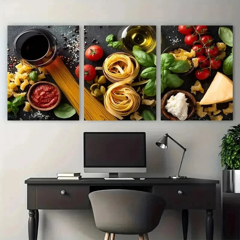 3pcs Wine Cheese Gallery Pasta Club Perfect Wall Art Set Canvas Framed 50x70cm - High Quality Print 100% Australian Made Wall Canvas Ready to Hang