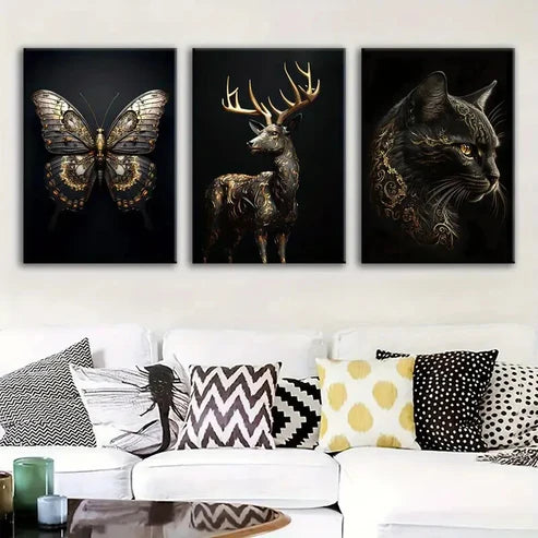 3pcs Animal Butterfly Cat Gold Black Modern Deer Wall Art Set Canvas Unframed - High Quality Print 100% Australian Made Wall Canvas - Bella Home Decor
