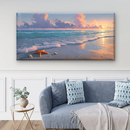 Ocean Waves & Starfish Coastal Wall Art Canvas Office Home Room Framed 120x60cm