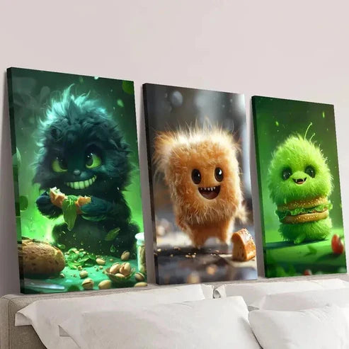 3pcs Cute Green Furry Food Monster Wall Art Canvas Unframed - High Quality Print 100% Australian Made Wall Canvas - Bella Home Decor