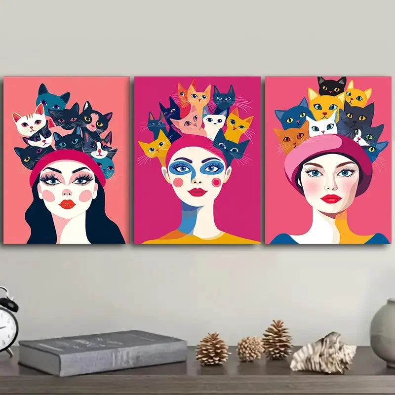 3pcs A Cat on the Head Art Painting Metal Print Ready to Hang Art - Bella Home Decor