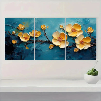 3pcs Yellow Flower Branch Textured Metal Print Ready to Hang Art - Bella Home Decor