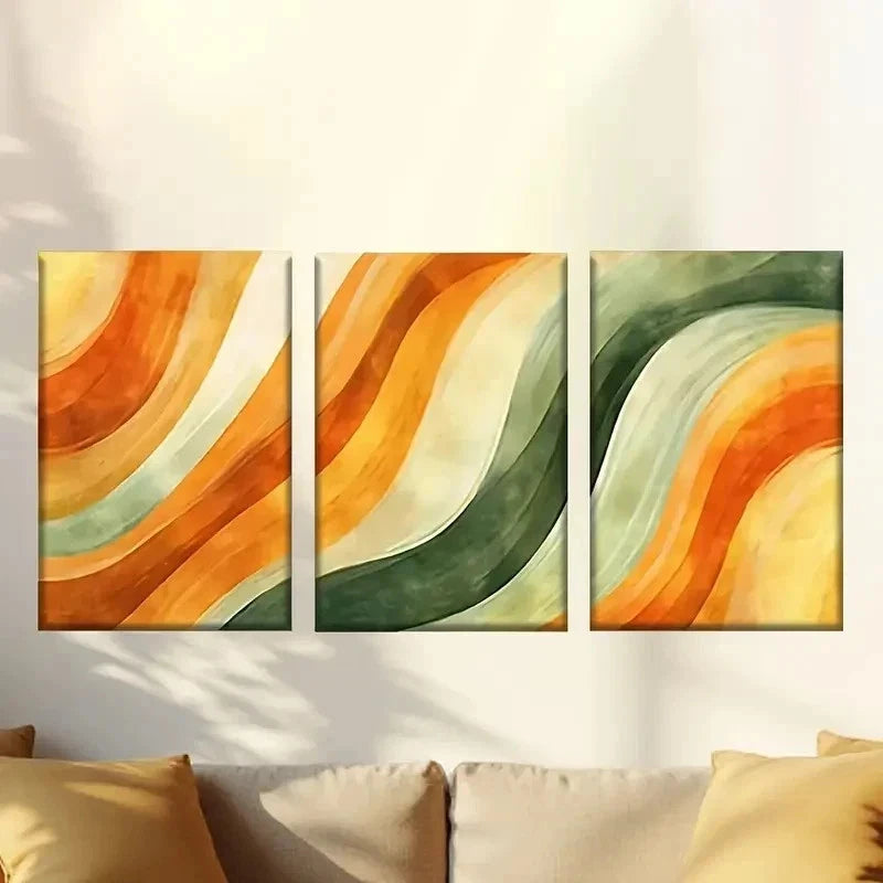 3pcs a painting of a wave of orange and green Wall Art Set Canvas Framed 50x70cm - High Quality Print 100% Australian Made Wall Canvas Ready to Hang - Bella Home Decor