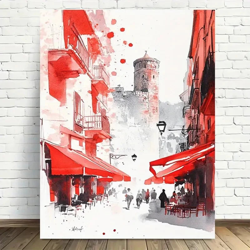 Beautiful Red Paris Street Scene Vibrant Red Painting 40x60cm Metal Print Ready to Hang - Bella Home Decor