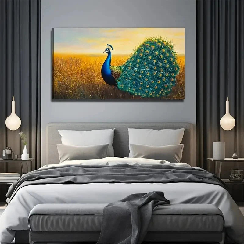 Modern Peacock On The Prairie Wall Art Canvas Office Home Room Framed 120x60cm