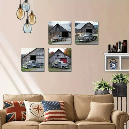 4pcs Vintage Truck & Barnyard Scene Wall Art Canvas Framed