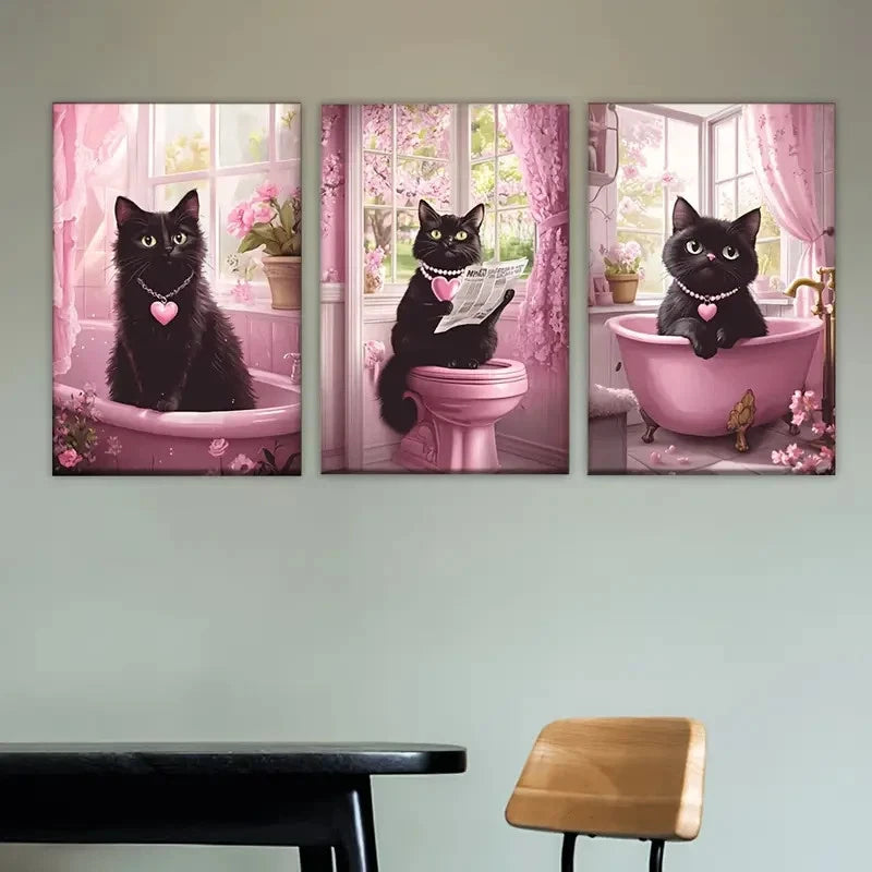 3pcs a black cat sitting in a pink bathtub Wall Art Set Canvas Framed 60x90cm - High Quality Print 100% Australian Made Wall Canvas Ready to Hang - Bella Home Decor