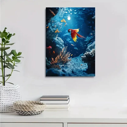 Vibrant Underwater Parrot Scene with Coral Reef 40x60cm Metal Print Ready to Hang - Bella Home Decor