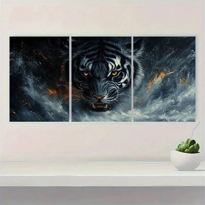 3pcs Vibrant Painting Animal Black And White Tiger Metal Print Ready to Hang Art