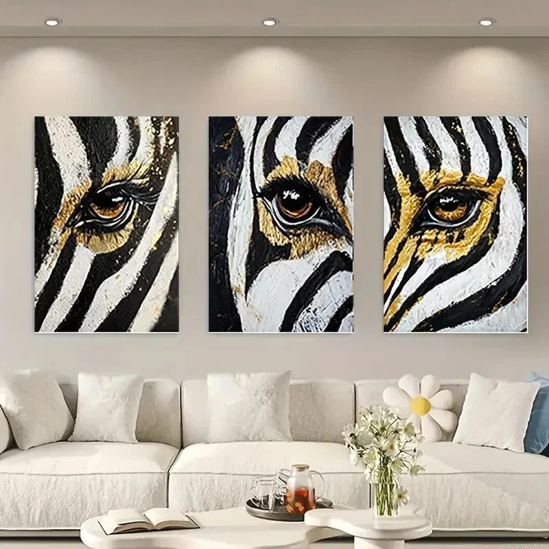 3pcs Zebra Abstract Black & White with Yellow Wall Art Set Canvas Framed 50x70cm - High Quality Print 100% Australian Made Wall Canvas Ready to Hang