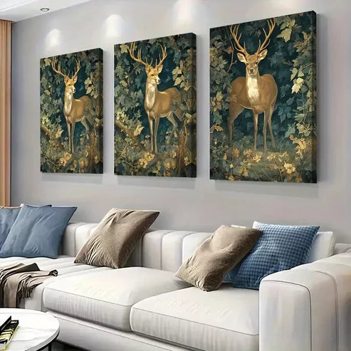 3pcs Golden - Deer in Forest Triptych Wall Art Set Wall Art Canvas Unframed - High Quality Print 100% Australian Made Wall Canvas - Bella Home Decor