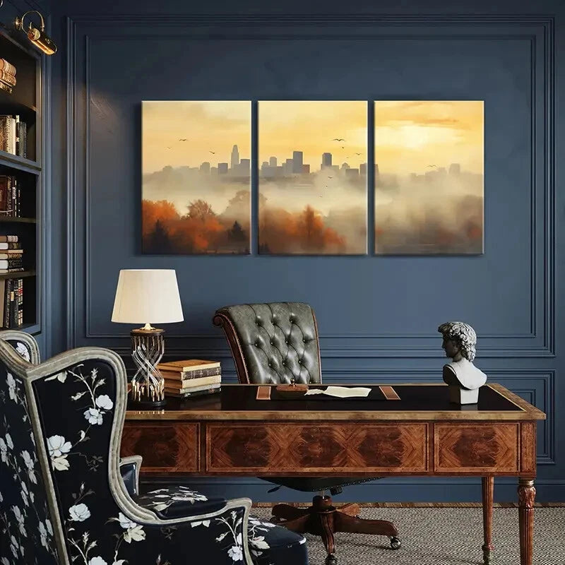 3pcs Cityscape Autumn Trees Warm Sunset Urban Metal Print Ready to Hang Art - Bella Home Decor