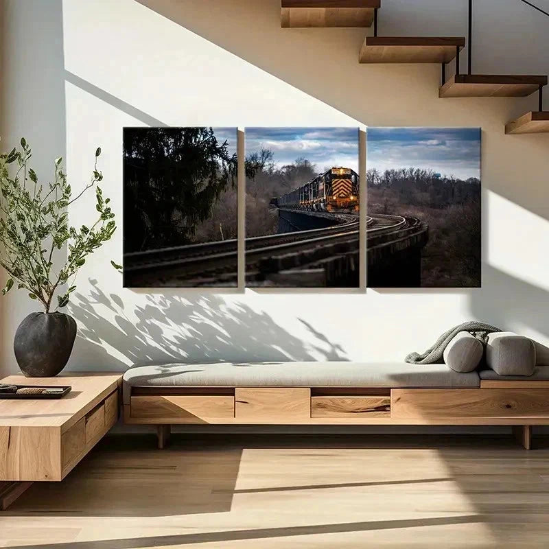 3pcs Steam Train Forest Modern Decor Wall Art Set Canvas Framed 40x60cm - High Quality Print 100% Australian Made Wall Canvas Ready to Hang