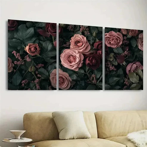 3pcs Dusty Mauve & Evergreen Roses Wall Art Set Canvas Unframed - High Quality Print 100% Australian Made Wall Canvas - Bella Home Decor