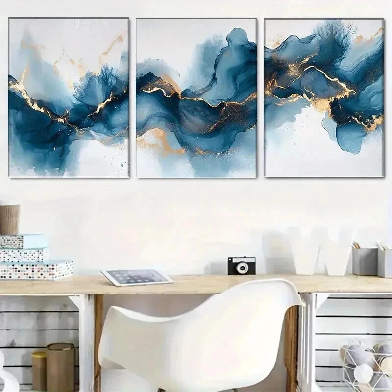 3pcs Blue And Golden Abstract Fluid Wall Art Set Canvas Framed 60x90cm - High Quality Print 100% Australian Made Wall Canvas Ready to Hang - Bella Home Decor