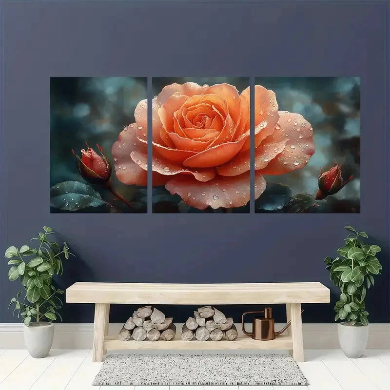 3pcs Vibrant Elegant Orange Rose Metal Print Ready to Hang Art - Bella Home Decor