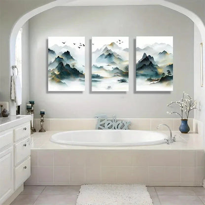 3pcs Misty Mountain Flying Birds Metal Print Ready to Hang Art - Bella Home Decor