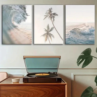 3pcs Sea Waves and Palm Tree Prints  Wall Art Set Canvas Unframed - High Quality Print 100% Australian Made Wall Canvas
