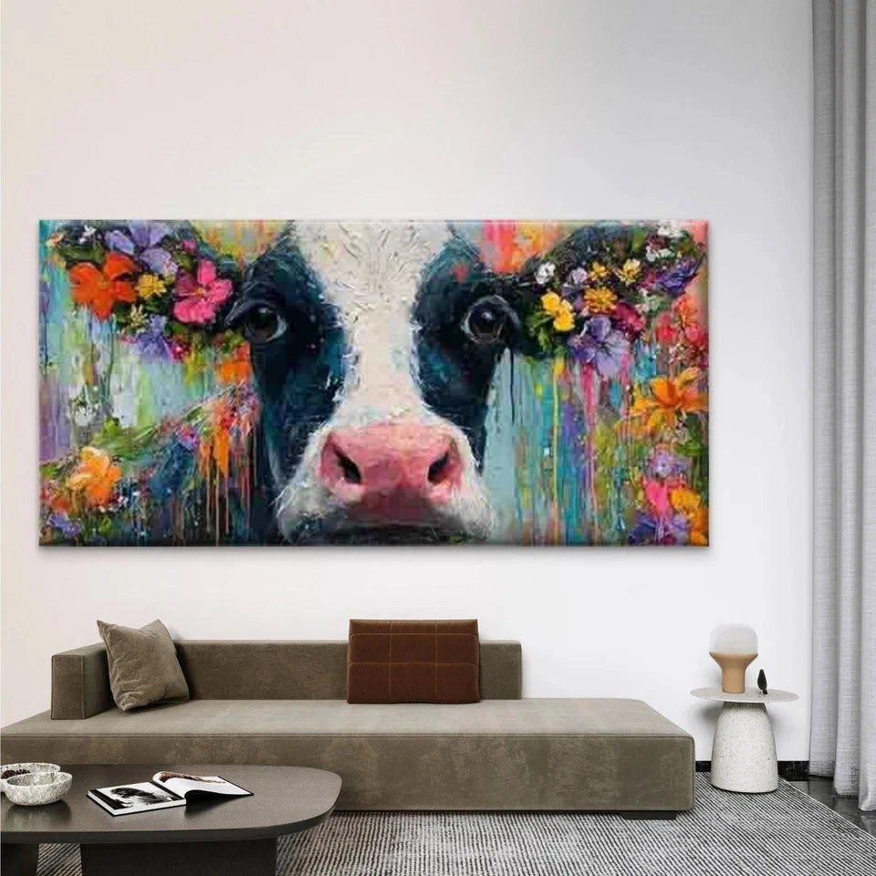 Colorful Floral Cow Wall Art Canvas Office Home Room Framed 120x60cm