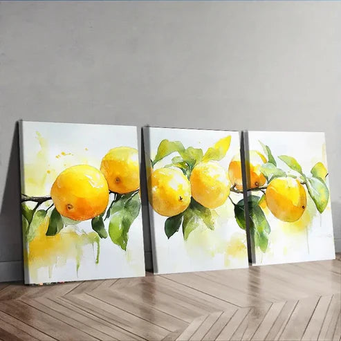 3pcs Lemons and Green Leaves Nature Yellow Wall Art Set Canvas Unframed - High Quality Print 100% Australian Made Wall Canvas