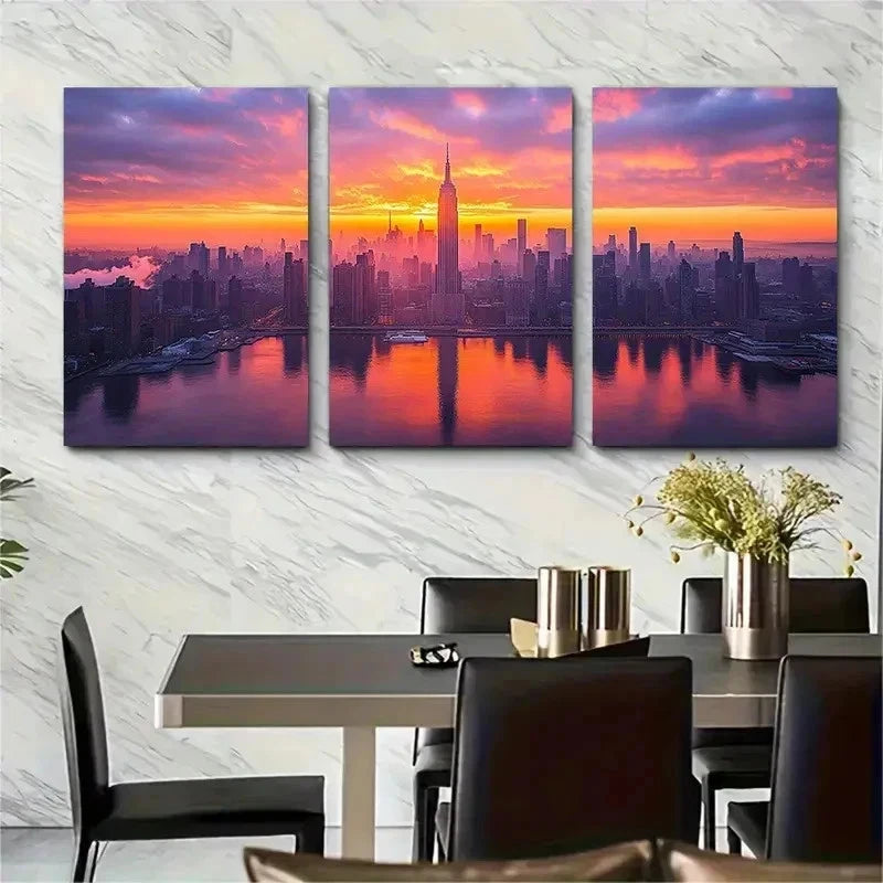 3pcs New York City Skyline Sunset Perfect Wall Art Set Canvas Framed 50x70cm - High Quality Print 100% Australian Made Wall Canvas Ready to Hang