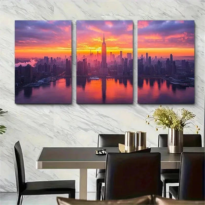 3pcs New York City Skyline Sunset Perfect Wall Art Set Canvas Framed 50x70cm - High Quality Print 100% Australian Made Wall Canvas Ready to Hang