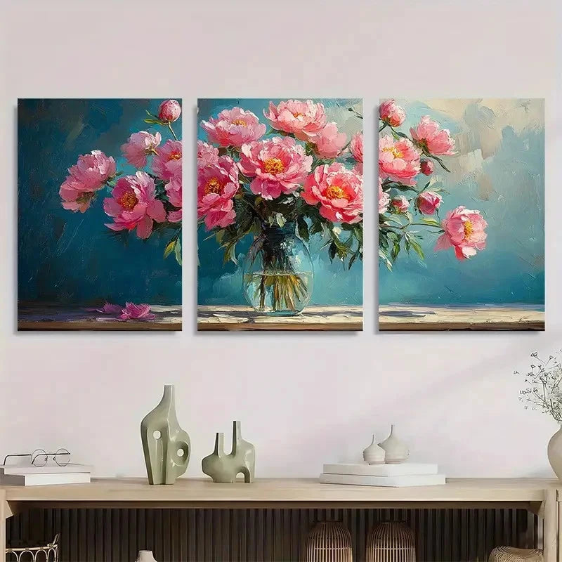 3pcs Pink Peonies Textured Bouquet Vase Perfect Wall Art Set Canvas Framed 40x60cm - High Quality Print 100% Australian Made Wall Canvas Ready to Hang - Bella Home Decor
