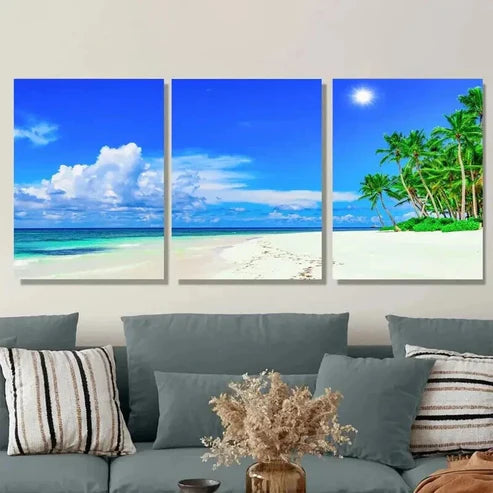 3pcs Palm Trees & Sandy Shoreline Beach Paradise Wall Art Set Canvas Unframed - High Quality Print 100% Australian Made Wall Canvas