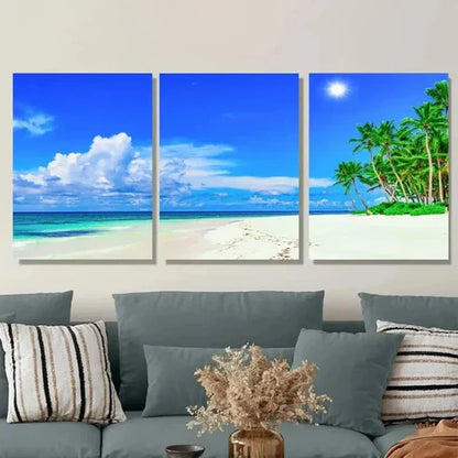 3pcs Palm Trees & Sandy Shoreline Beach Paradise Wall Art Set Canvas Unframed - High Quality Print 100% Australian Made Wall Canvas