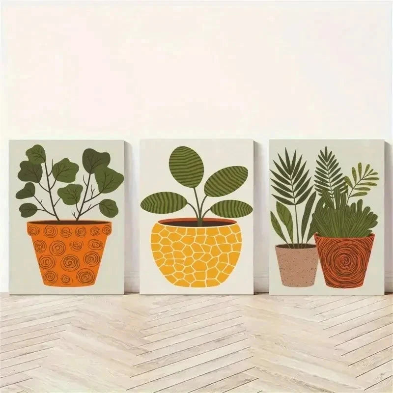 3pcs Green Leaves in Orange, Yellow & Brown Pot  Wall Art Set Canvas Framed 50x70cm - High Quality Print 100% Australian Made Wall Canvas Ready to Hang - Bella Home Decor