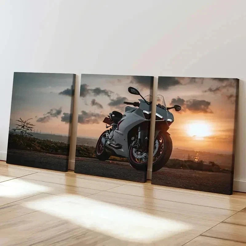 3pcs Motorcycle Racing Sunset Modern Wall Art Set Canvas Framed 60x90cm - High Quality Print 100% Australian Made Wall Canvas Ready to Hang