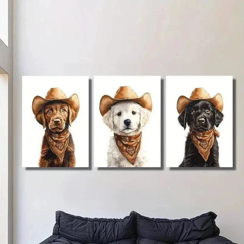 3pcs Dog Wearing a Cowboy Hat Decoration Wall Art Set Canvas Unframed - High Quality Print 100% Australian Made Wall Canvas - Bella Home Decor